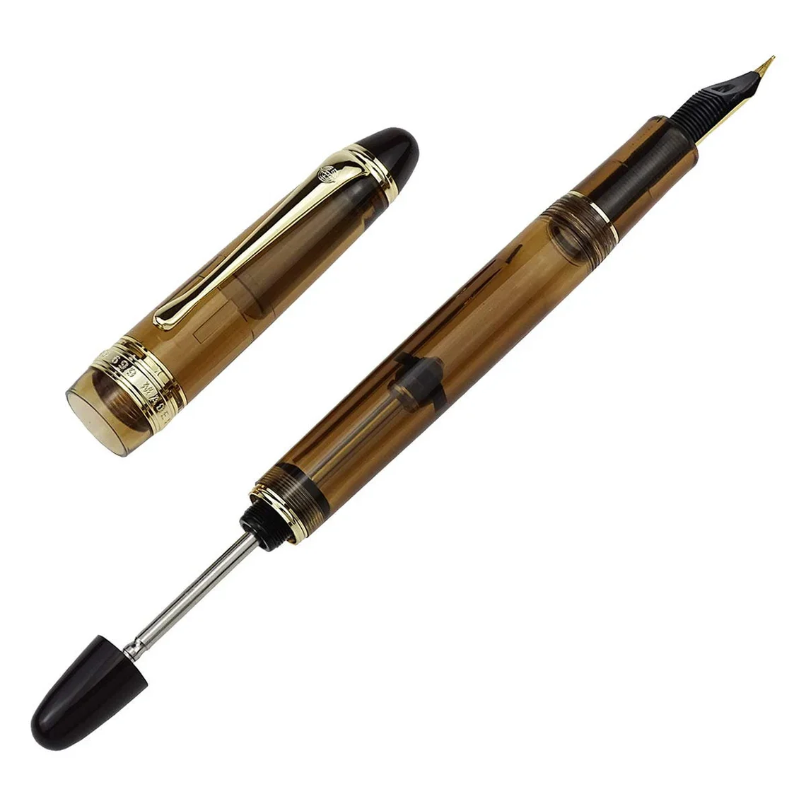 Wing Sung 699 Transparent Brown Vacuum Filler Fountain Pen – Smooth M Nib, Large Ink Capacity, Demonstrator Body, Gold Trim - Image 3