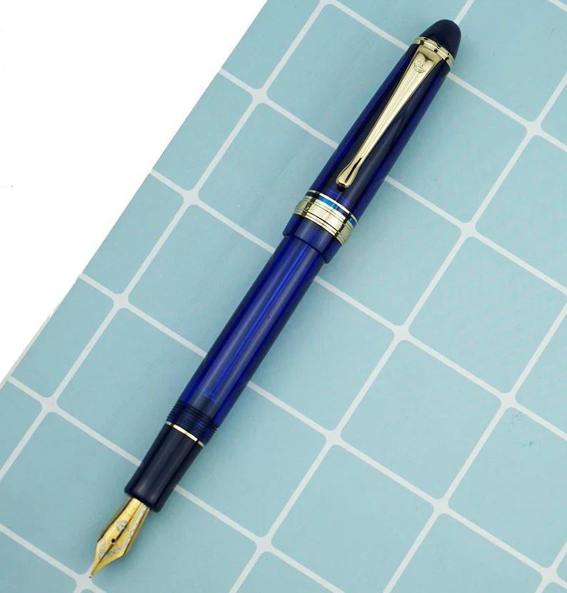 Wing Sung 699 Vacuum Filling Fountain Pen – Extra Fine Dual-Tone Nib, Translucent Blue Acrylic with Gold Clip - Image 5
