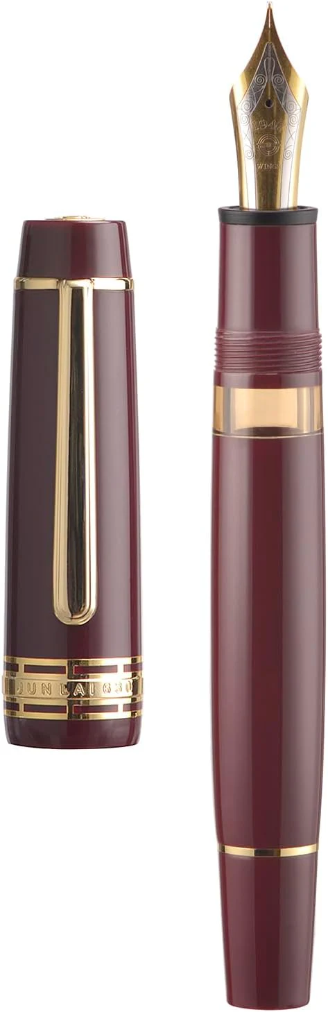 Wing Sung Junlai 630 Acrylic Fountain Pen – #8 Fine Nib, Piston Filling System, Flat Top Design, Blue-Green / Maroon / Piano Black (Transparent Ink Tank, Gold Trim) - Image 2
