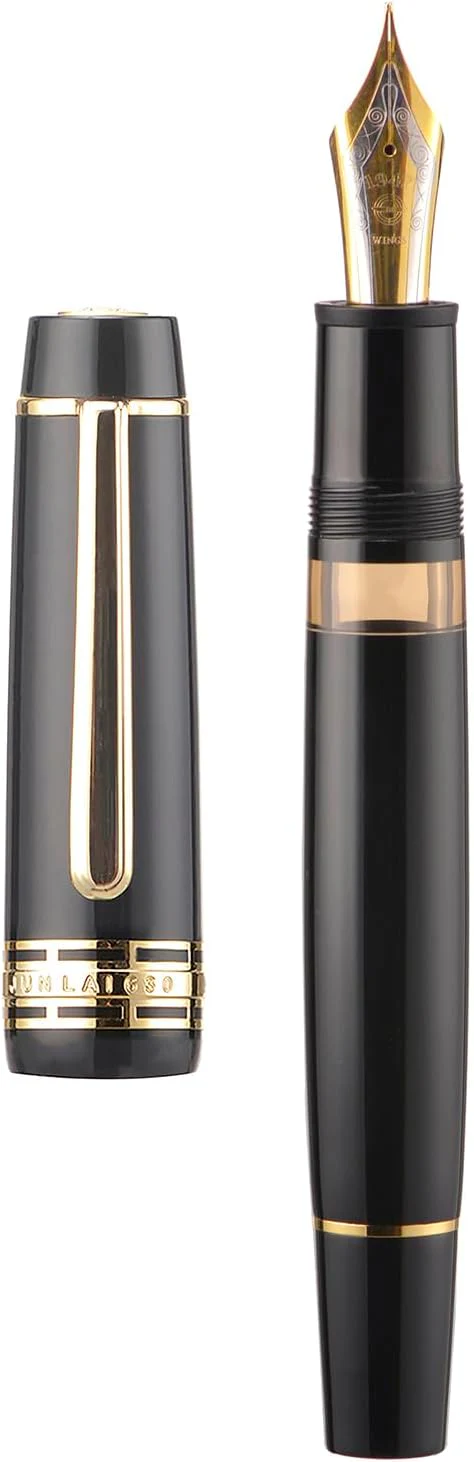 Wing Sung Junlai 630 Acrylic Fountain Pen – #8 Fine Nib, Piston Filling System, Flat Top Design, Blue-Green / Maroon / Piano Black (Transparent Ink Tank, Gold Trim) - Image 3