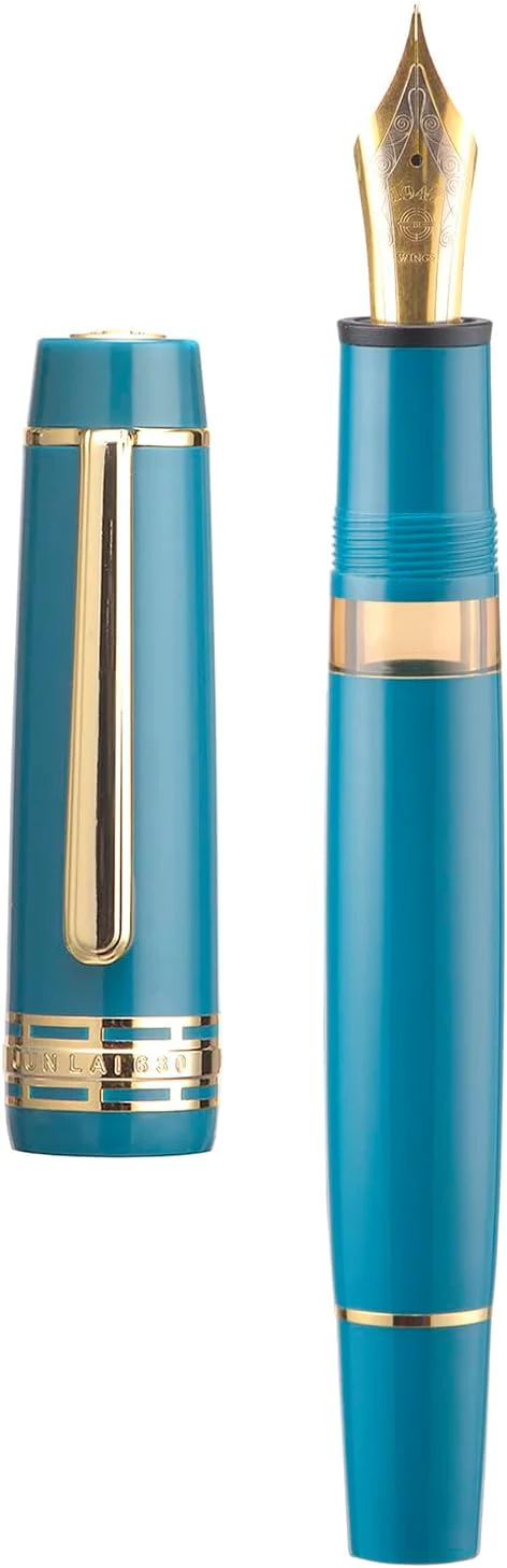 Wing Sung Junlai 630 Acrylic Fountain Pen – #8 Fine Nib, Piston Filling System, Flat Top Design, Blue-Green / Maroon / Piano Black (Transparent Ink Tank, Gold Trim) - Image 4