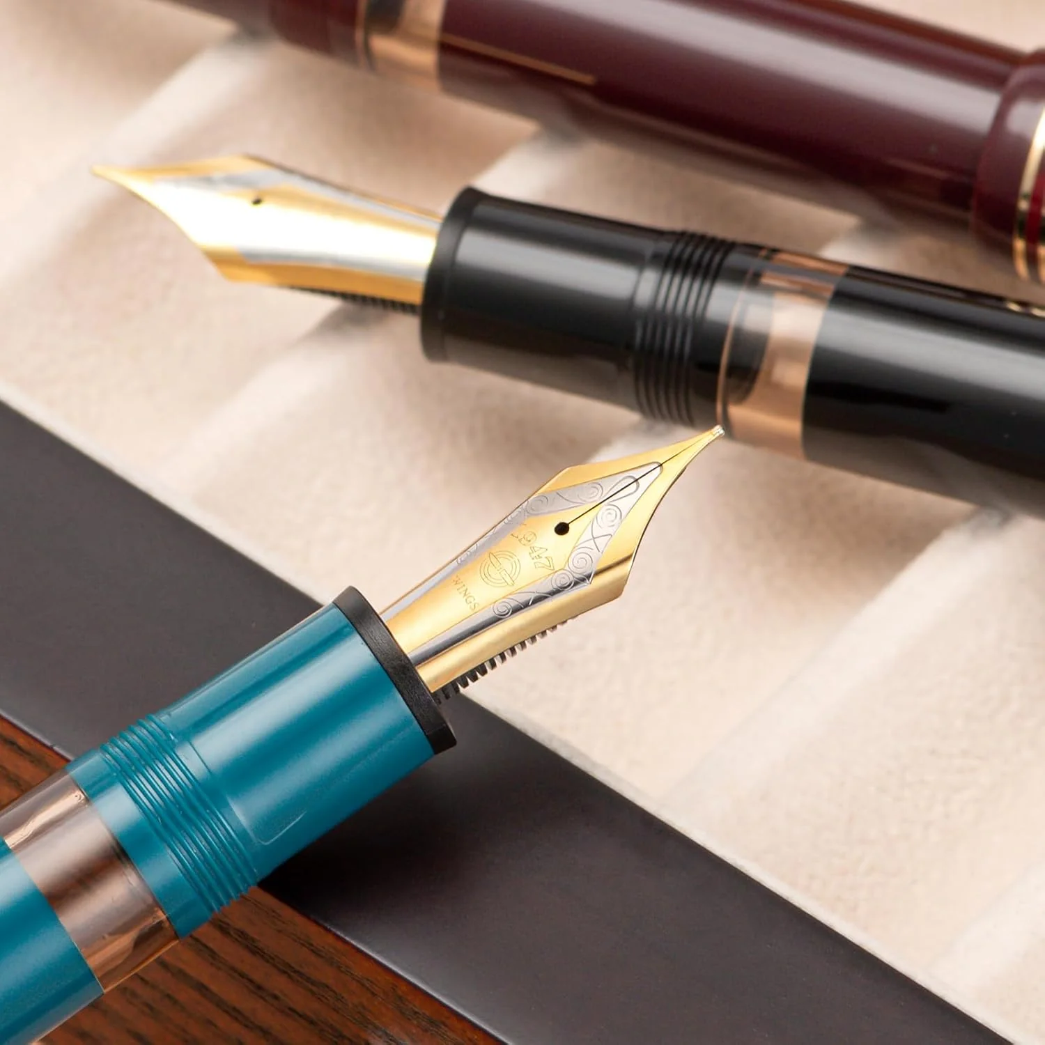 Wing Sung Junlai 630 Acrylic Fountain Pen – #8 Fine Nib, Piston Filling System, Flat Top Design, Blue-Green / Maroon / Piano Black (Transparent Ink Tank, Gold Trim) - Image 5