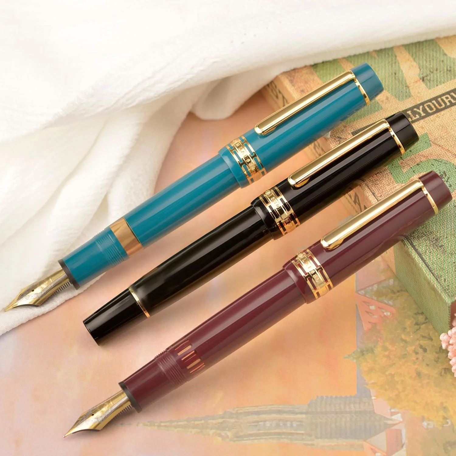 Wing Sung Junlai 630 Acrylic Fountain Pen – #8 Fine Nib, Piston Filling System, Flat Top Design, Blue-Green / Maroon / Piano Black (Fence Ink Tank, Gold Trim) - Image 4