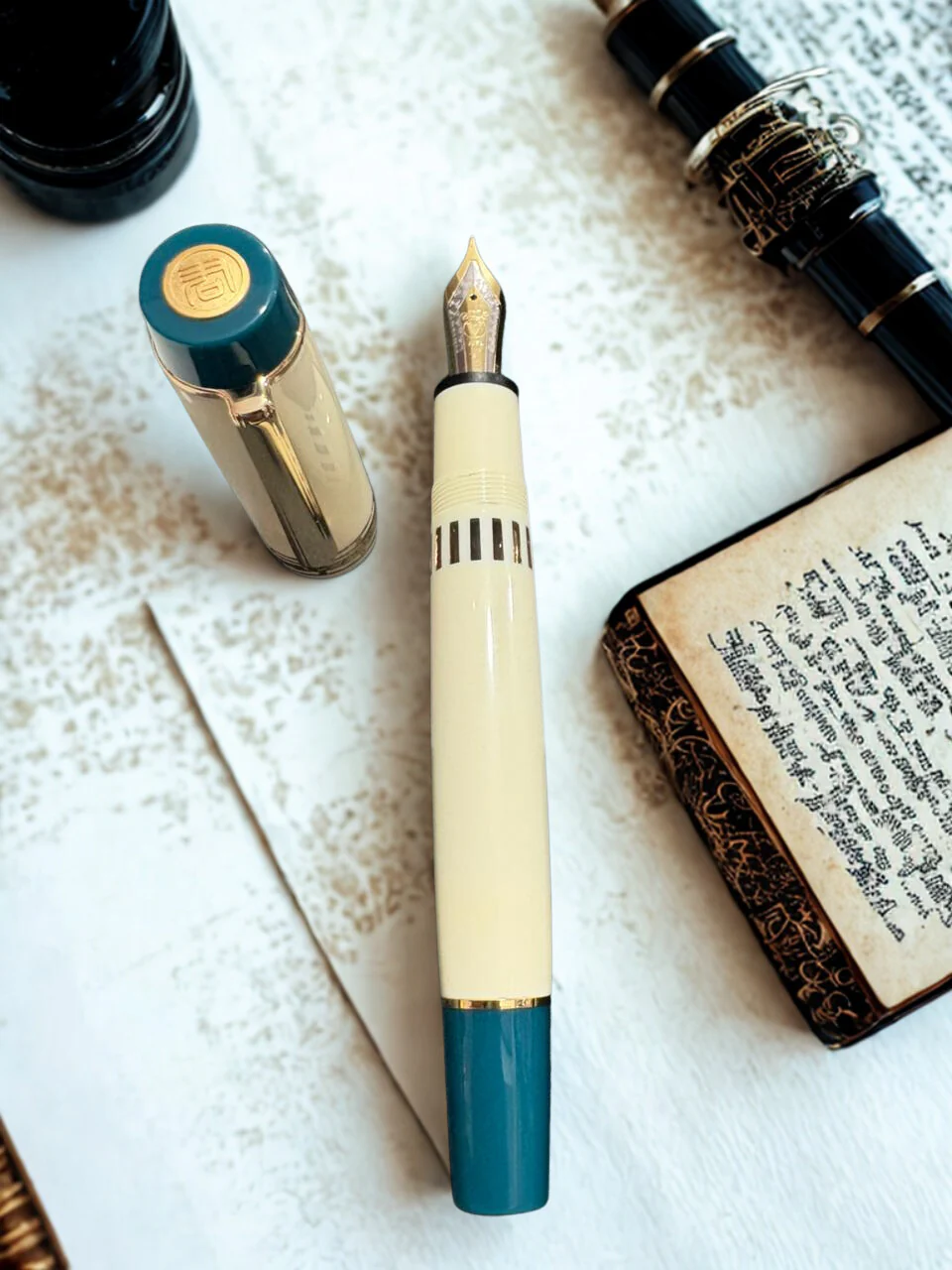 Wing Sung Junlai 630 Flat Top Acrylic Fountain Pen, Gold Trim, Piston Filling System ,Ivory White - Image 5