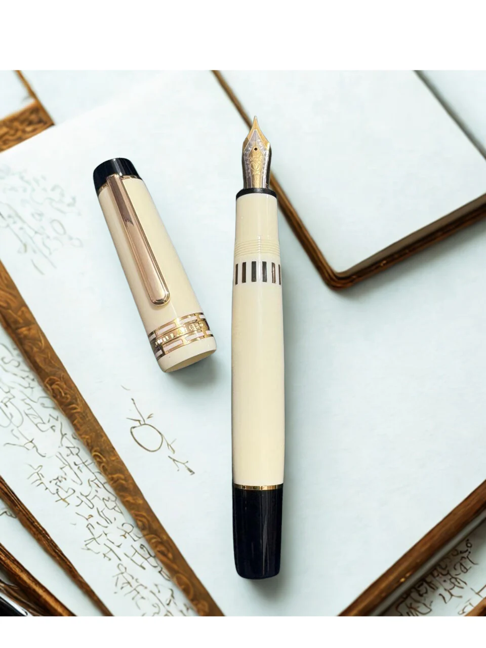Wing Sung Junlai 630 Flat Top Acrylic Fountain Pen, Gold Trim, Piston Filling System ,Ivory White - Image 6
