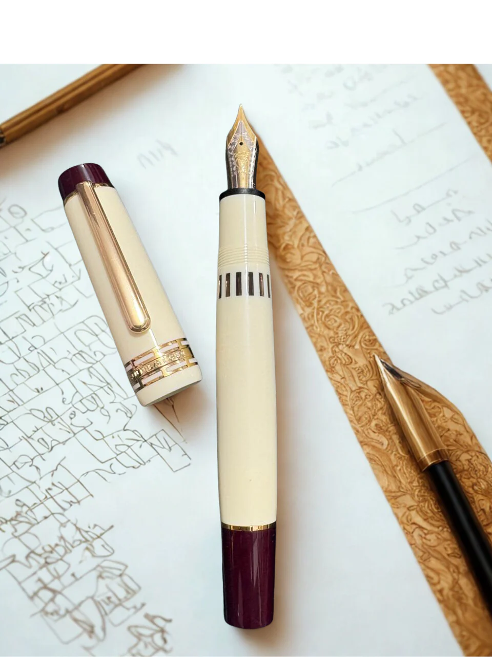 Wing Sung Junlai 630 Flat Top Acrylic Fountain Pen, Gold Trim, Piston Filling System ,Ivory White - Image 7