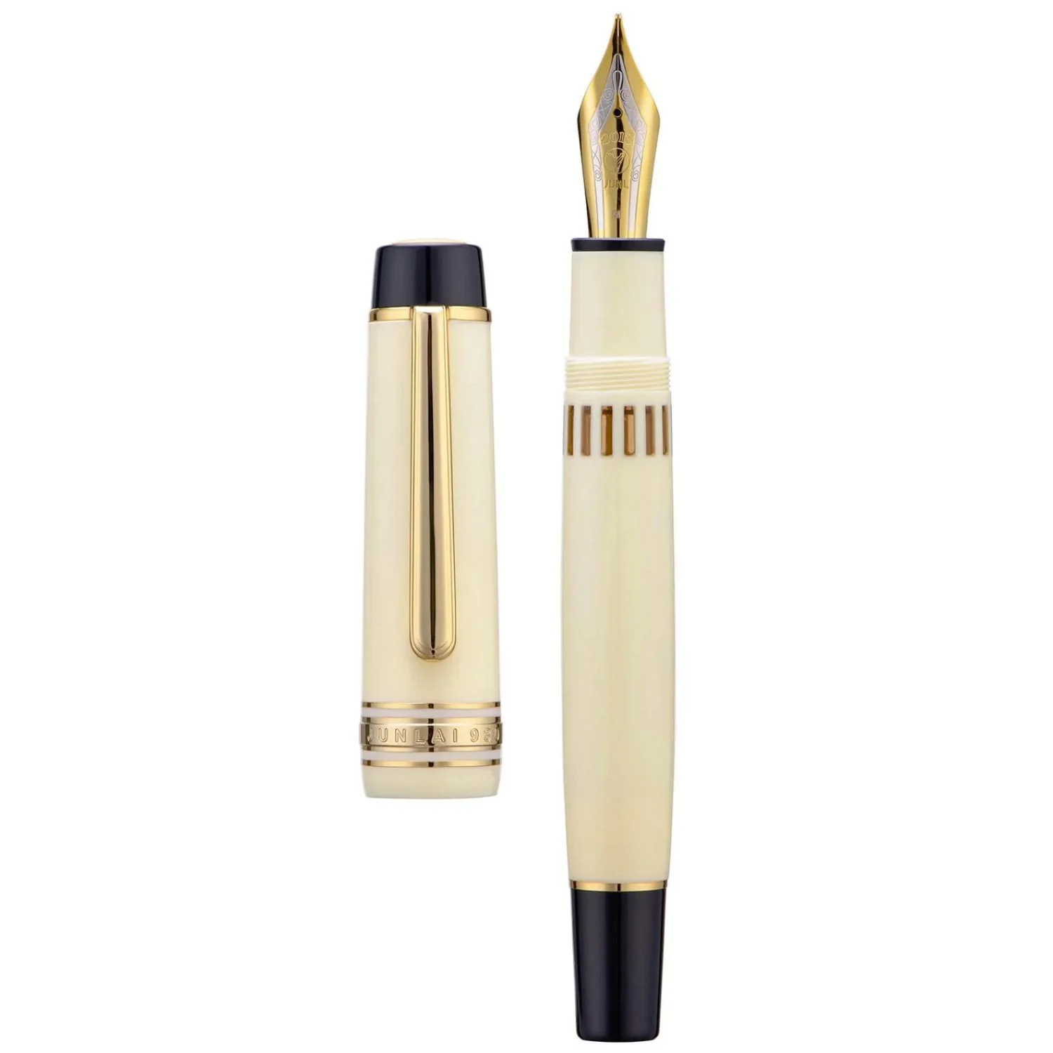 WingSung Junlai 930 Acrylic Fountain Pen – Flat Top Design with Piston Filling System, Size #9 Iridium Nib in Fine, Medium & Broad – Ivory White Body with Gold Trim (No Ink) - Image 11