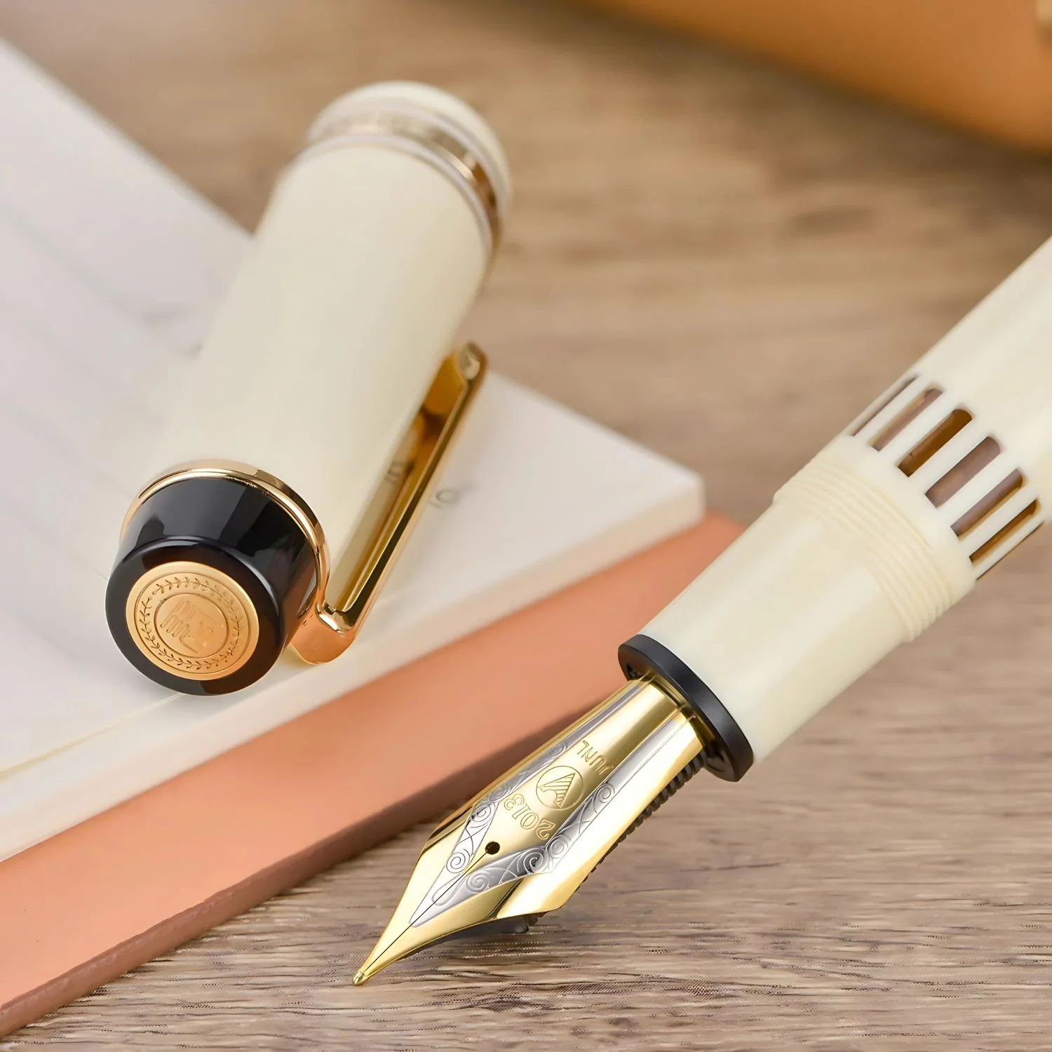 WingSung Junlai 930 Acrylic Fountain Pen – Flat Top Design with Piston Filling System, Size #9 Iridium Nib in Fine, Medium & Broad – Ivory White Body with Gold Trim (No Ink) - Image 3