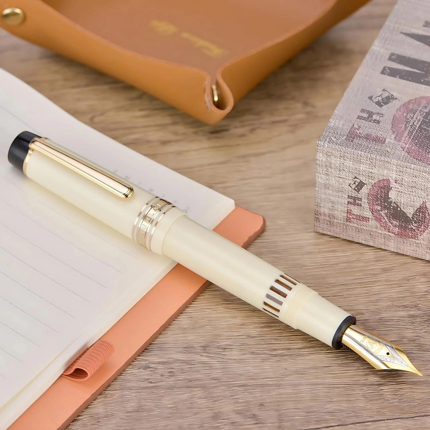 WingSung Junlai 930 Acrylic Fountain Pen – Flat Top Design with Piston Filling System, Size #9 Iridium Nib in Fine, Medium & Broad – Ivory White Body with Gold Trim (No Ink) - Image 4