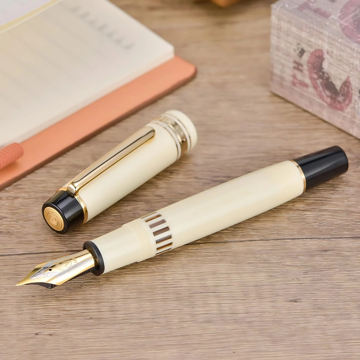WingSung Junlai 930 Acrylic Fountain Pen – Flat Top Design with Piston Filling System, Size #9 Iridium Nib in Fine, Medium & Broad – Ivory White Body with Gold Trim (No Ink) - Image 5