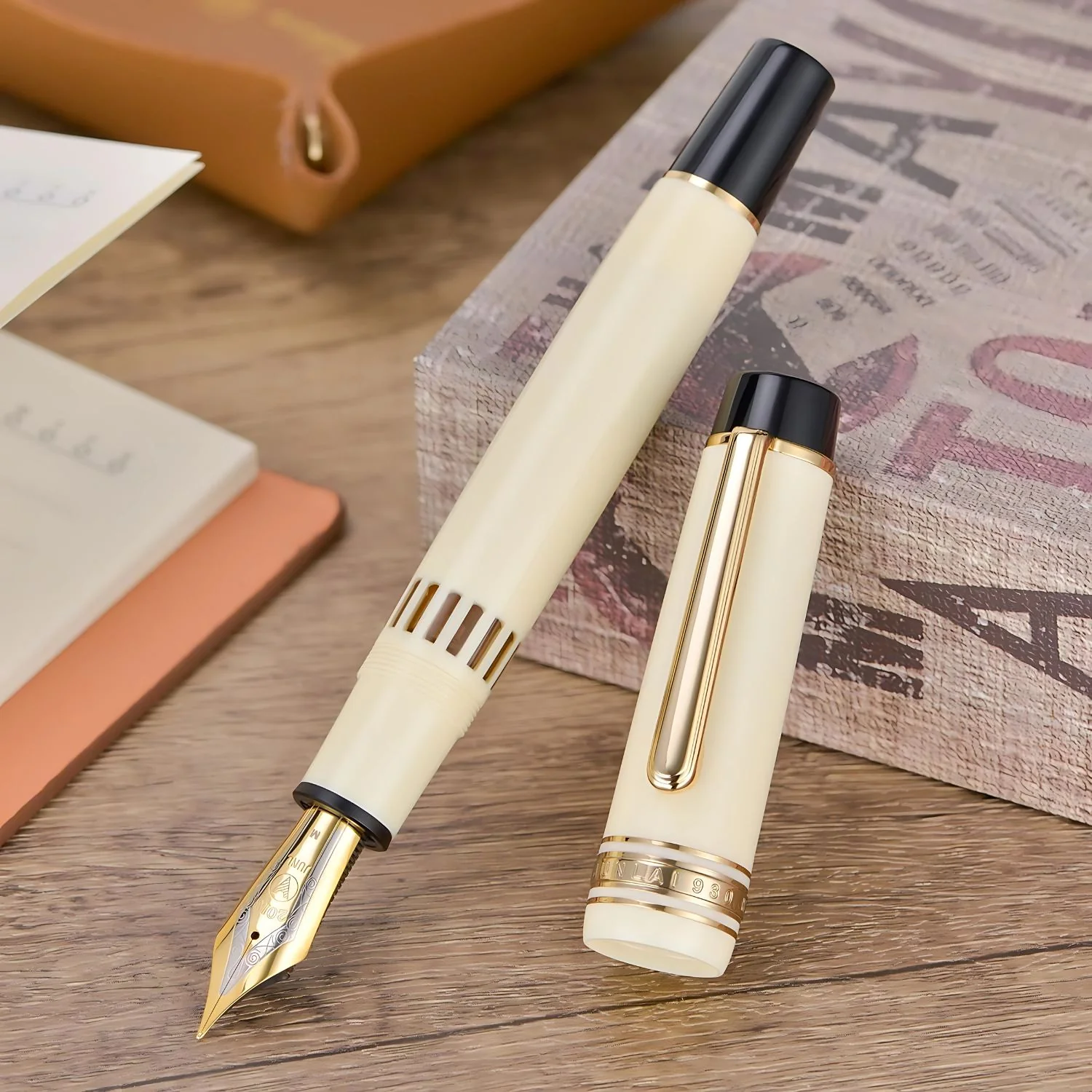 WingSung Junlai 930 Acrylic Fountain Pen – Flat Top Design with Piston Filling System, Size #9 Iridium Nib in Fine, Medium & Broad – Ivory White Body with Gold Trim (No Ink) - Image 8