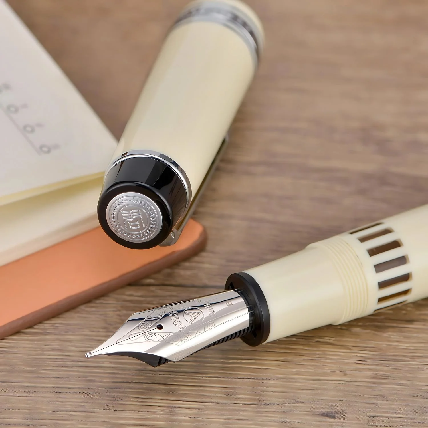 WingSung Junlai 930 Acrylic Fountain Pen – Flat Top Design with Piston Filling System, Size #9 Iridium Nib in Fine, Medium & Broad – Ivory White Fence Ink Tank with Silver Trim (No Ink) - Image 10