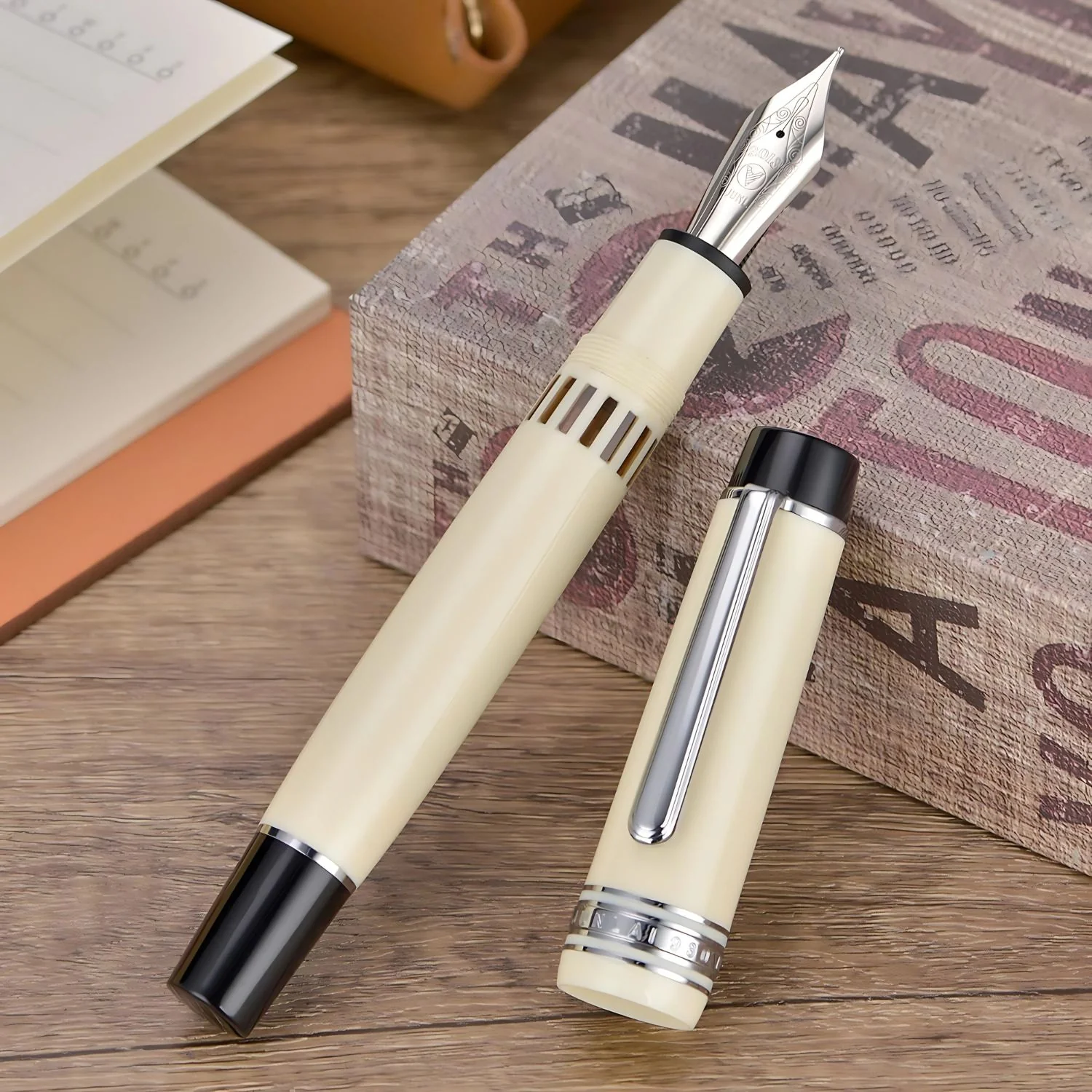 WingSung Junlai 930 Acrylic Fountain Pen – Flat Top Design with Piston Filling System, Size #9 Iridium Nib in Fine, Medium & Broad – Ivory White Fence Ink Tank with Silver Trim (No Ink) - Image 3