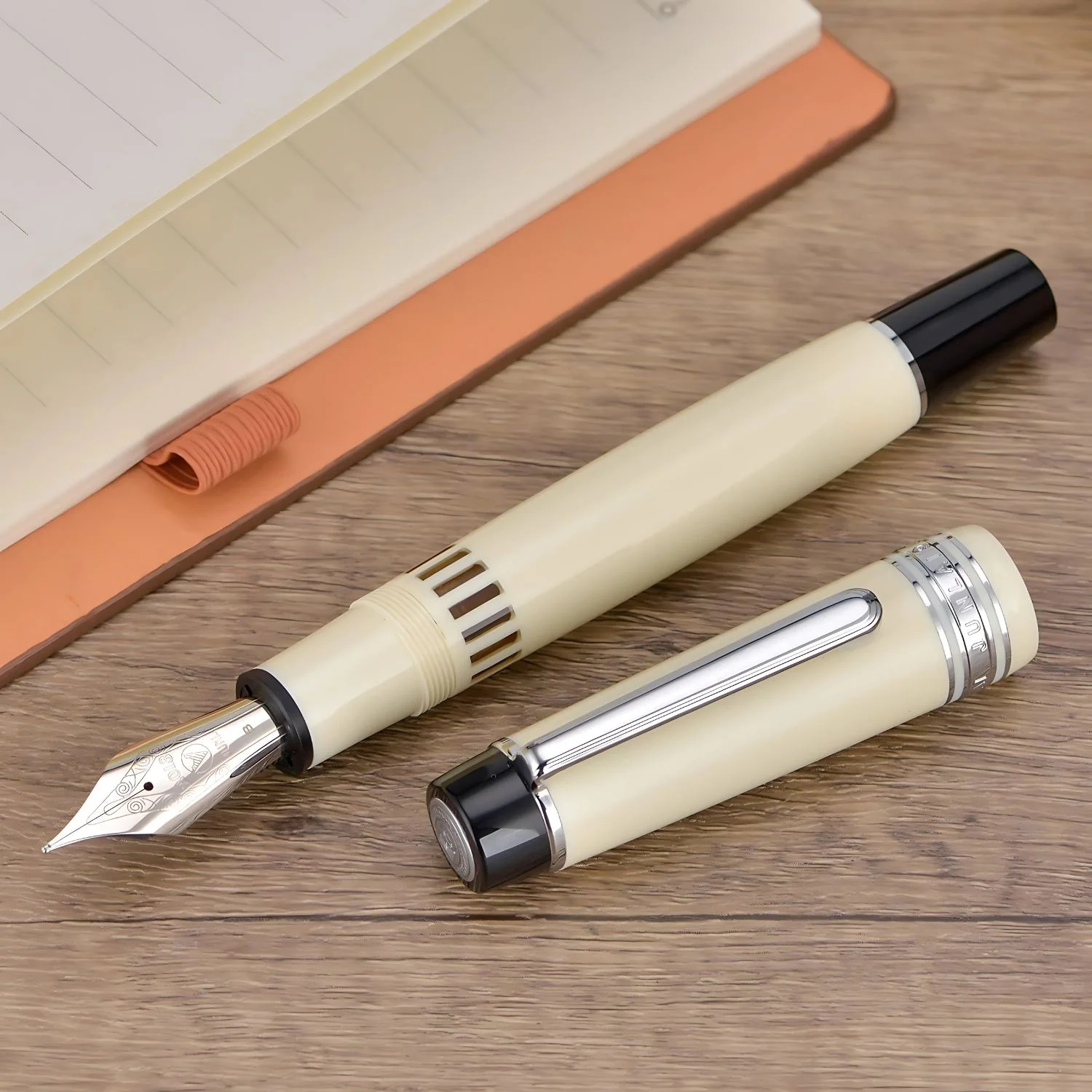 WingSung Junlai 930 Acrylic Fountain Pen – Flat Top Design with Piston Filling System, Size #9 Iridium Nib in Fine, Medium & Broad – Ivory White Fence Ink Tank with Silver Trim (No Ink) - Image 7