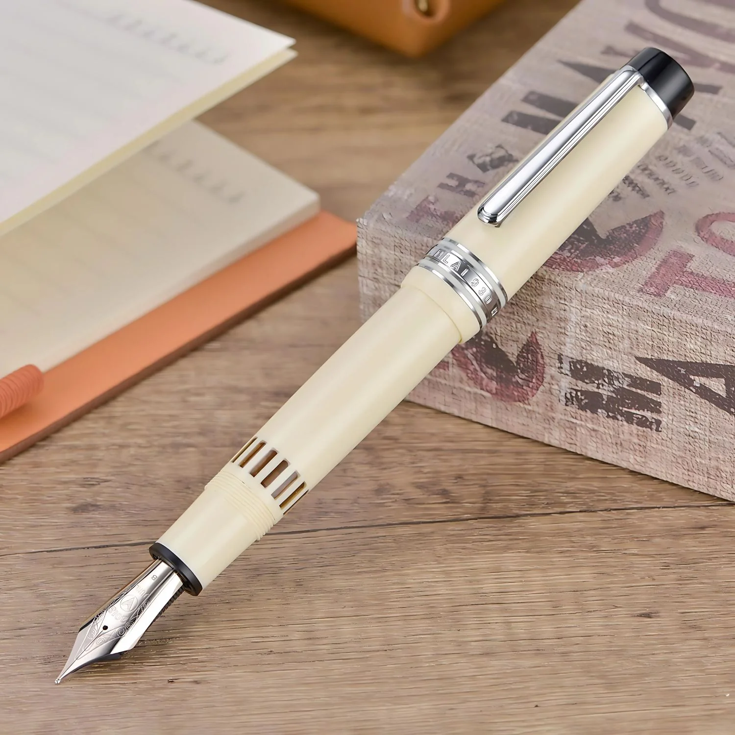 WingSung Junlai 930 Acrylic Fountain Pen – Flat Top Design with Piston Filling System, Size #9 Iridium Nib in Fine, Medium & Broad – Ivory White Fence Ink Tank with Silver Trim (No Ink) - Image 9