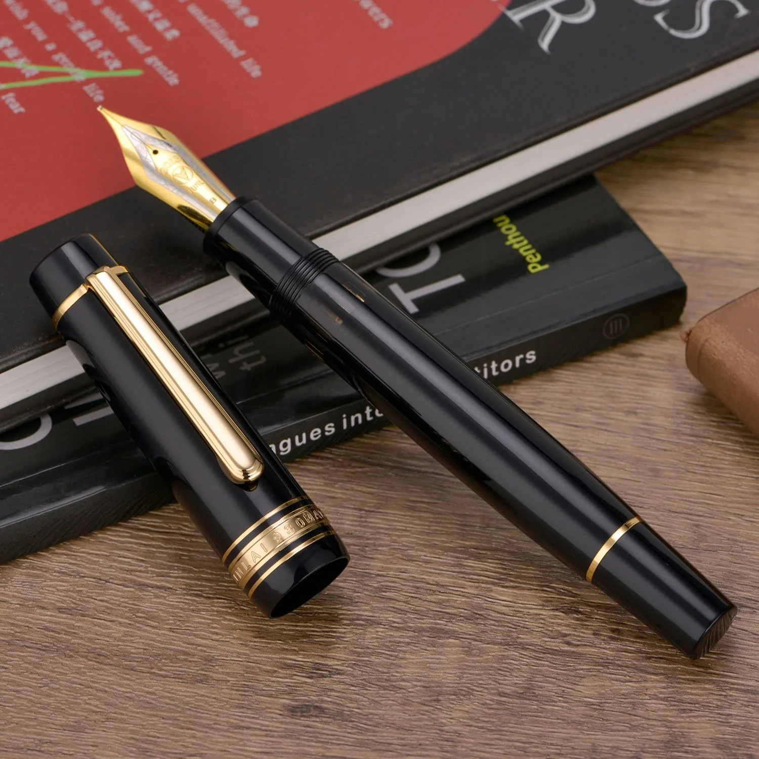 WingSung Junlai 930 Acrylic Fountain Pen – Flat Top Design with Piston Filling System, Size #9 Iridium Nib in Fine, Medium & Broad – Piano Black Fence Ink Tank with Gold Trim (No Ink) - Image 3