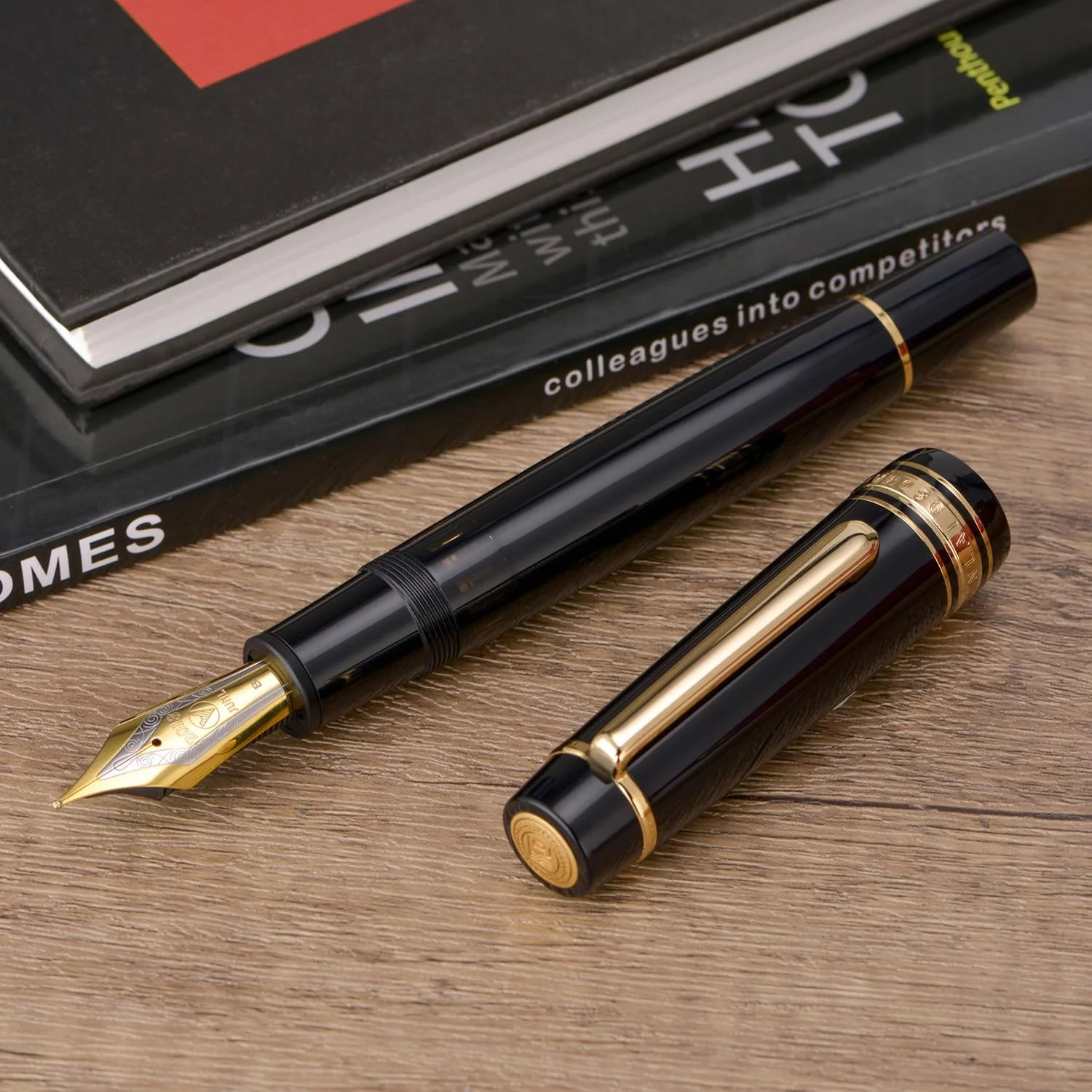 WingSung Junlai 930 Acrylic Fountain Pen – Flat Top Design with Piston Filling System, Size #9 Iridium Nib in Fine, Medium & Broad – Piano Black Fence Ink Tank with Gold Trim (No Ink) - Image 4