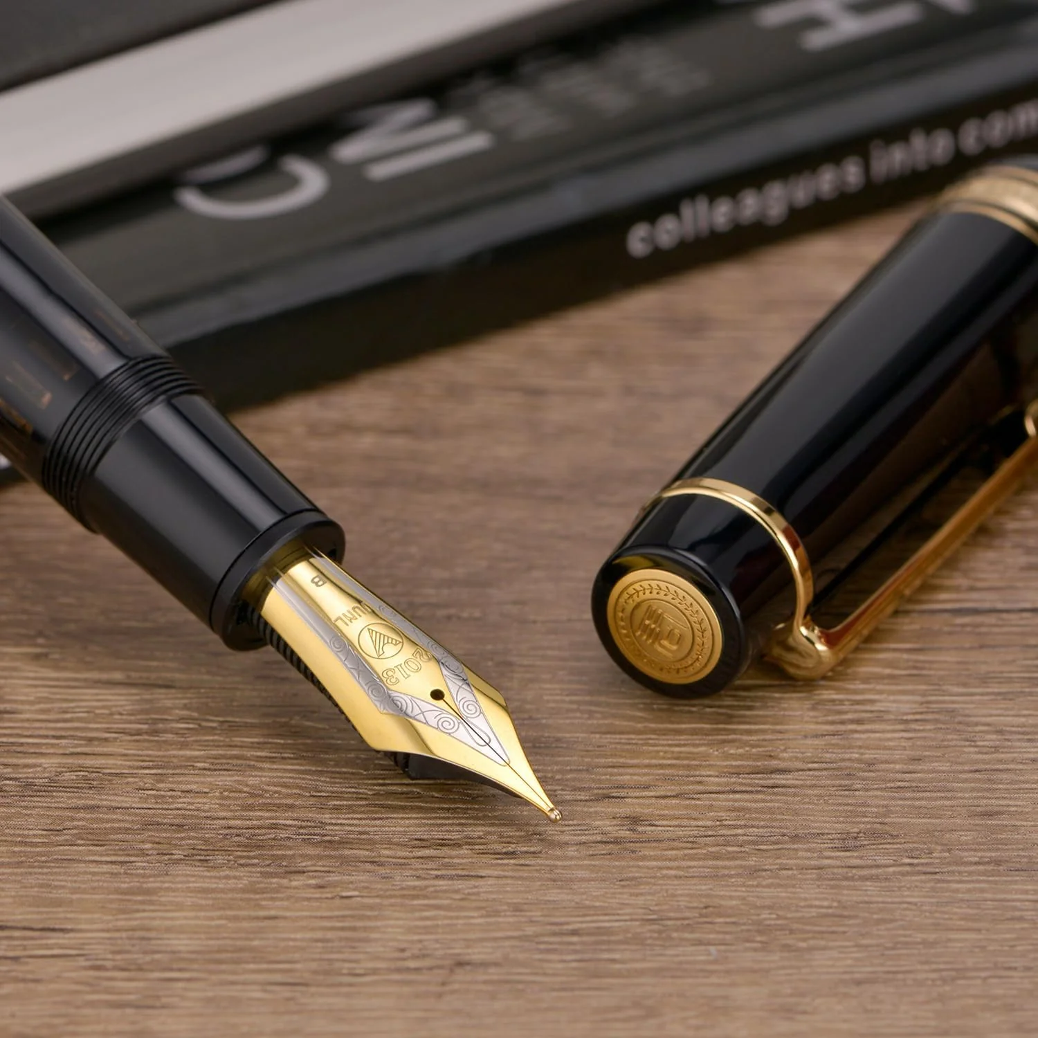 WingSung Junlai 930 Acrylic Fountain Pen – Flat Top Design with Piston Filling System, Size #9 Iridium Nib in Fine, Medium & Broad – Piano Black Fence Ink Tank with Gold Trim (No Ink) - Image 6