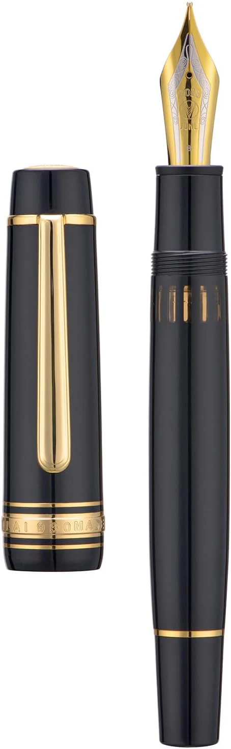 WingSung Junlai 930 Acrylic Fountain Pen – Flat Top Design with Piston Filling System, Size #9 Iridium Nib in Fine, Medium & Broad – Piano Black Fence Ink Tank with Gold Trim (No Ink) - Image 7