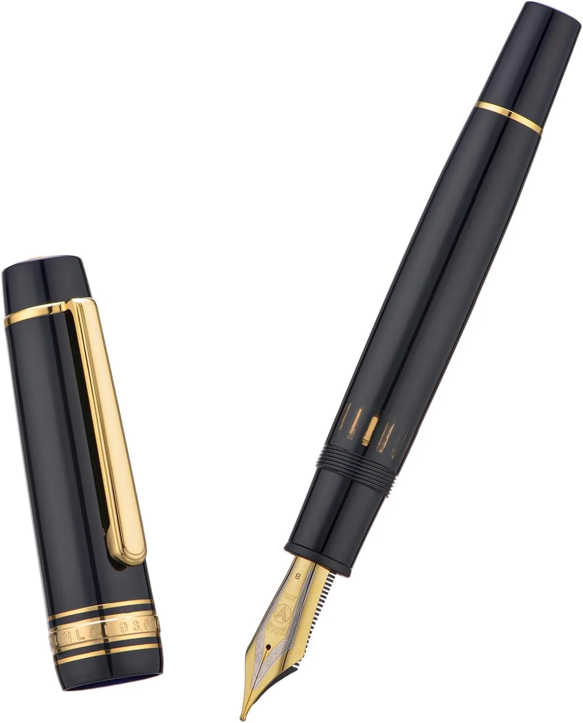 WingSung Junlai 930 Acrylic Fountain Pen – Flat Top Design with Piston Filling System, Size #9 Iridium Nib in Fine, Medium & Broad – Piano Black Fence Ink Tank with Gold Trim (No Ink) - Image 8