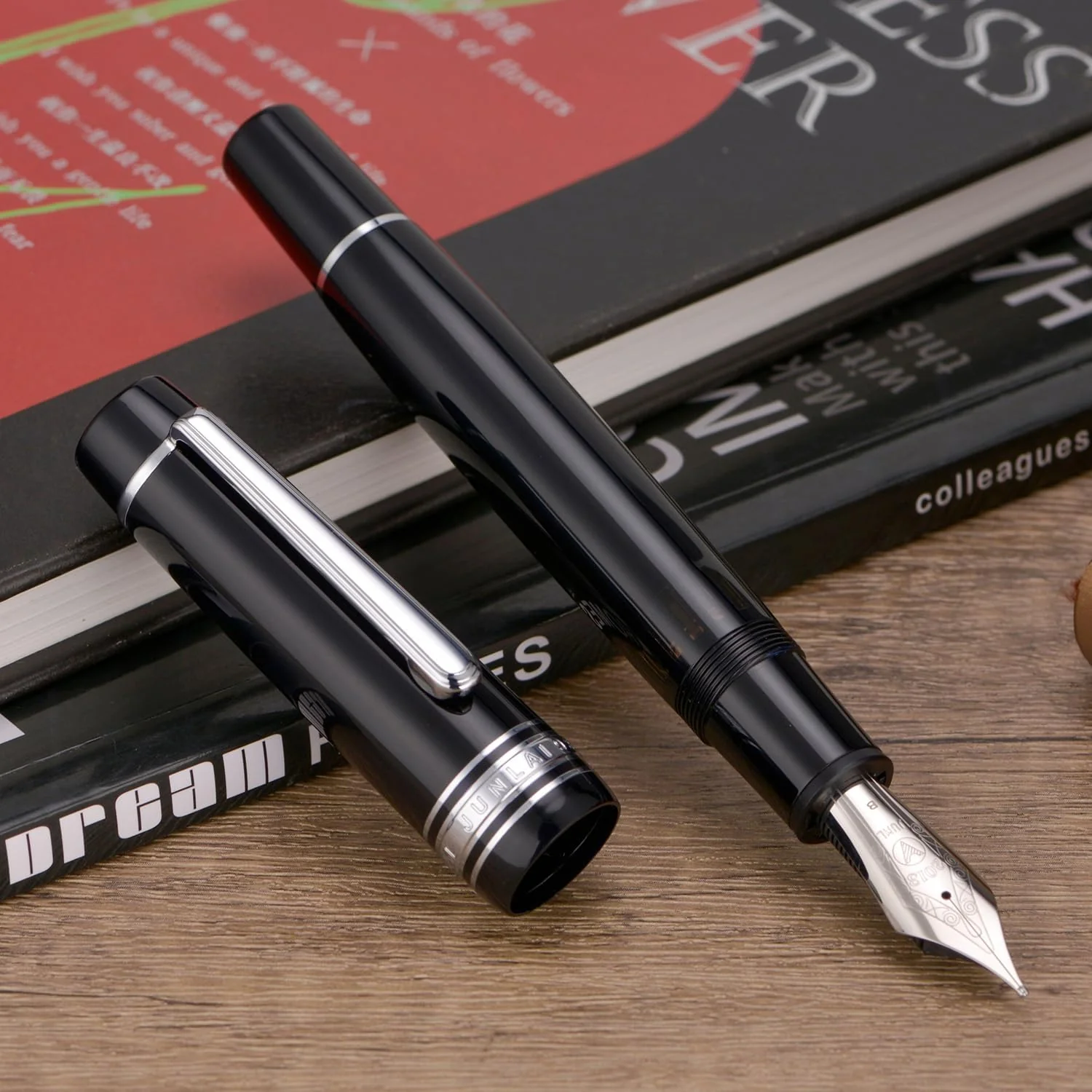 WingSung Junlai 930 Acrylic Fountain Pen – Flat Top Design with Piston Filling System, Size #9 Iridium Nib in Fine, Medium & Broad – Piano Black Fence Ink Tank with Silver Trim (No Ink) - Image 2