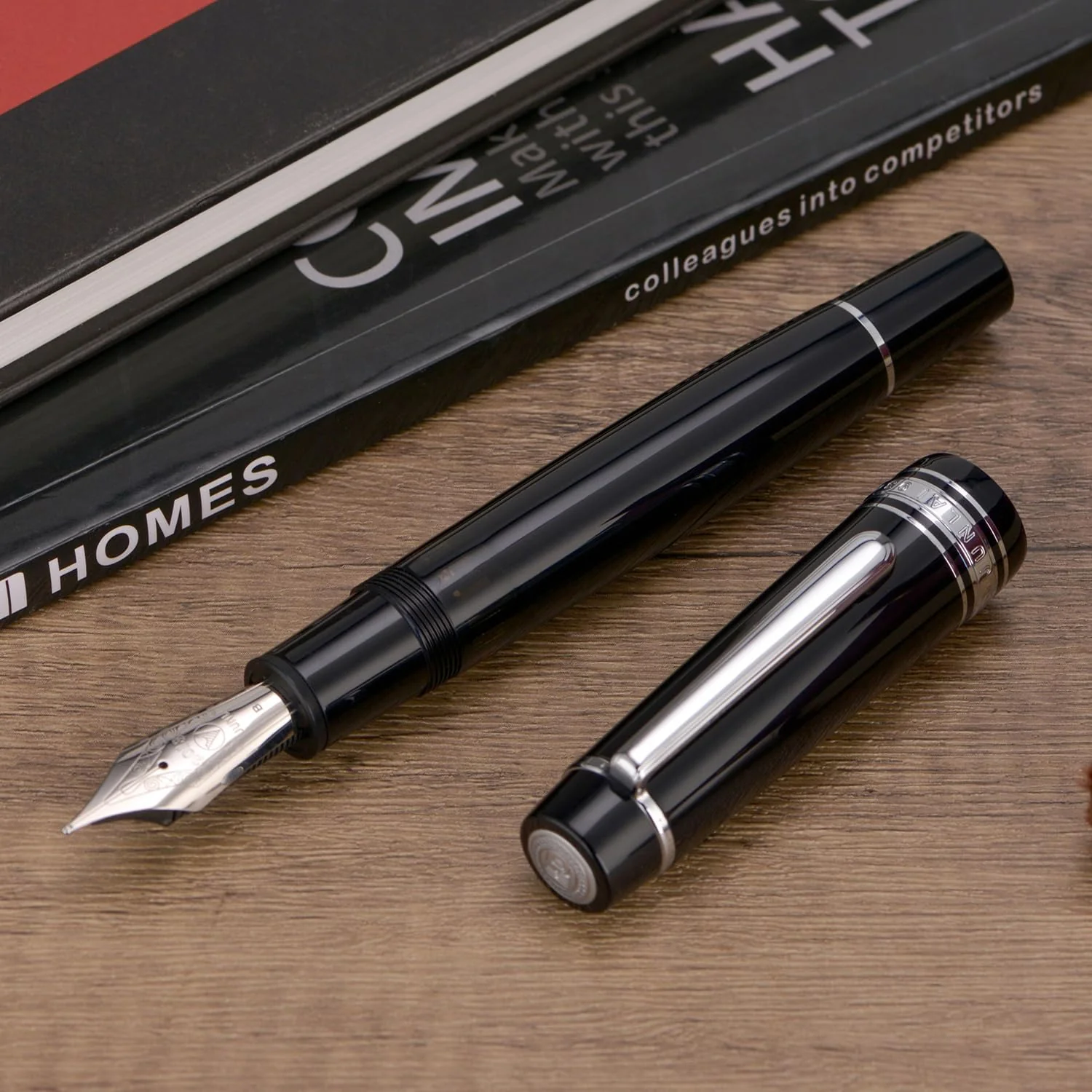 WingSung Junlai 930 Acrylic Fountain Pen – Flat Top Design with Piston Filling System, Size #9 Iridium Nib in Fine, Medium & Broad – Piano Black Fence Ink Tank with Silver Trim (No Ink) - Image 3