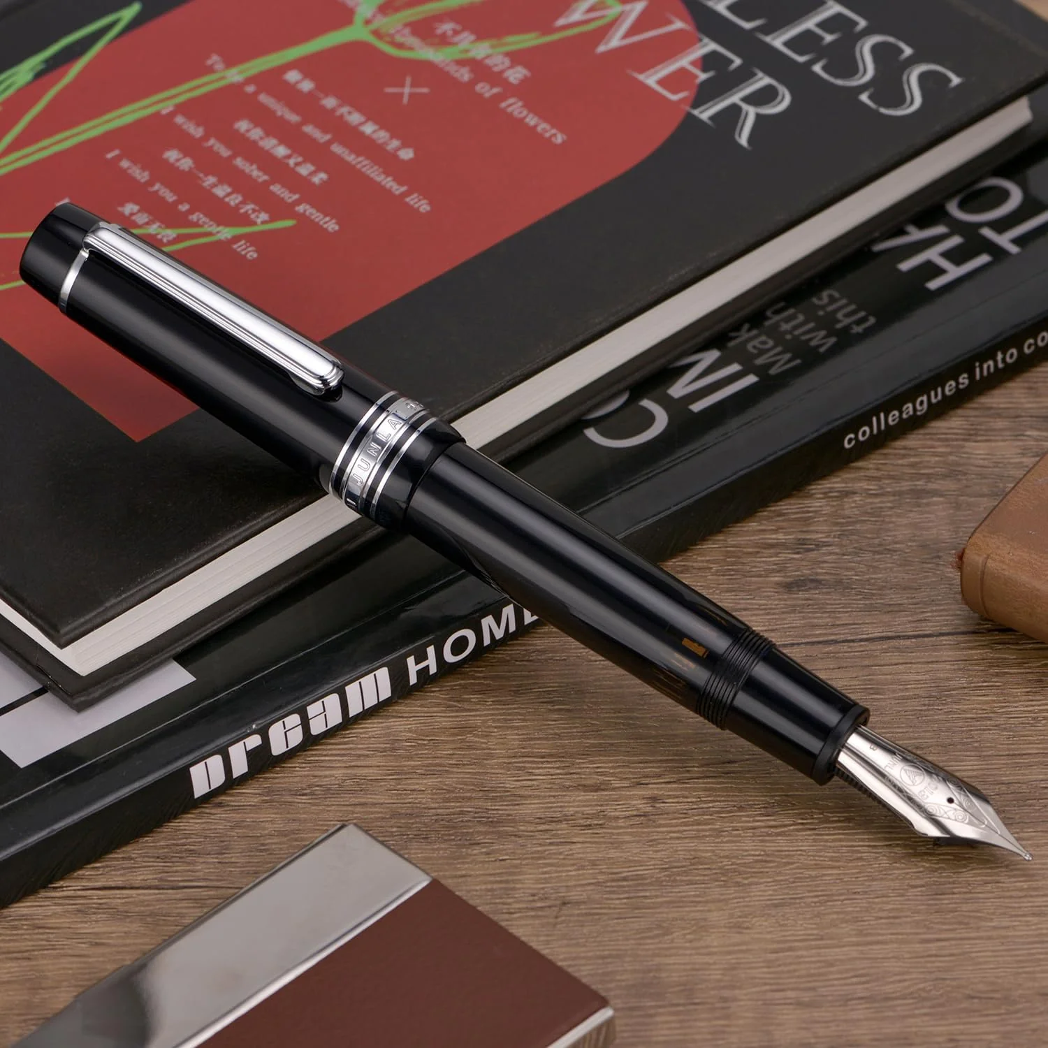 WingSung Junlai 930 Acrylic Fountain Pen – Flat Top Design with Piston Filling System, Size #9 Iridium Nib in Fine, Medium & Broad – Piano Black Fence Ink Tank with Silver Trim (No Ink) - Image 4