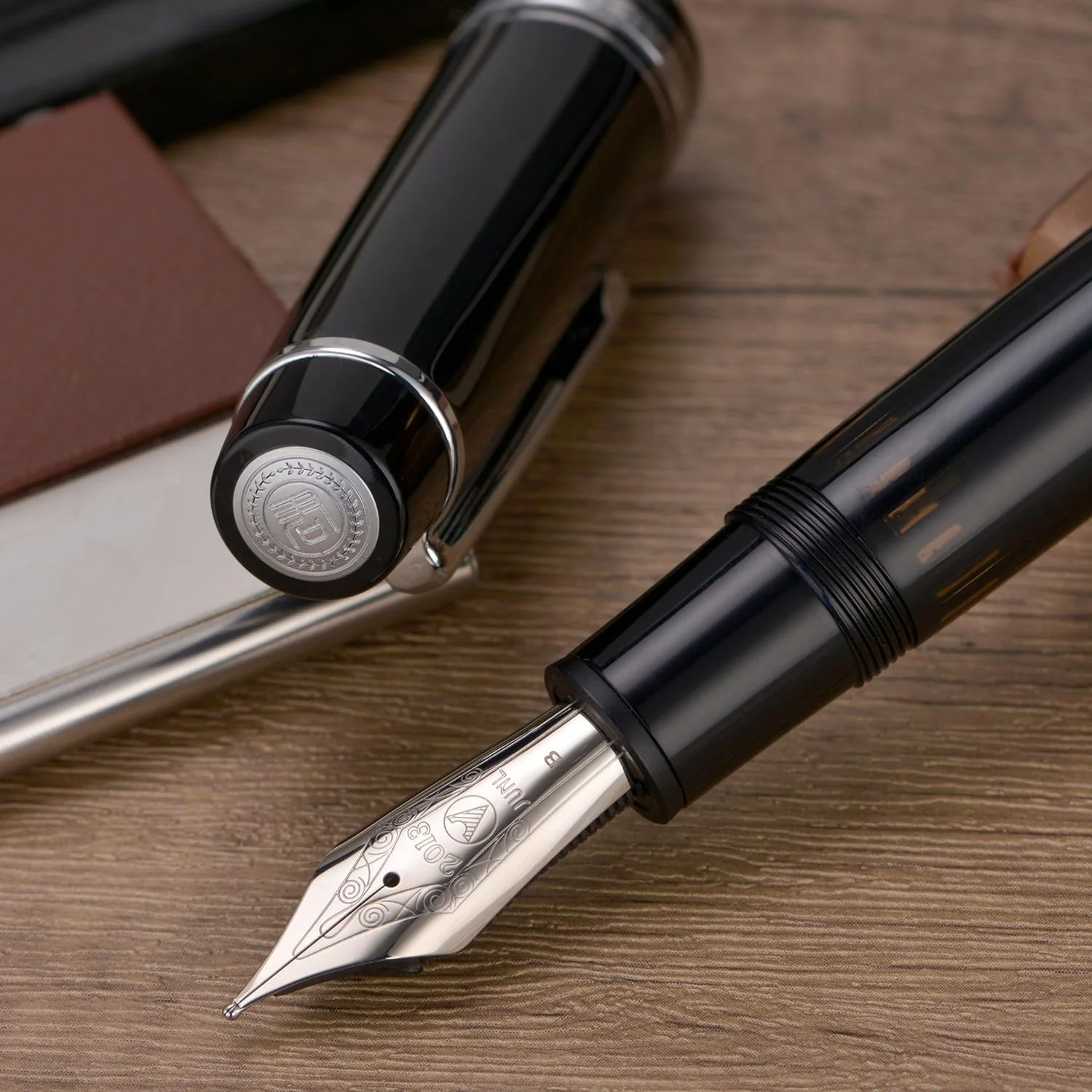 WingSung Junlai 930 Acrylic Fountain Pen – Flat Top Design with Piston Filling System, Size #9 Iridium Nib in Fine, Medium & Broad – Piano Black Fence Ink Tank with Silver Trim (No Ink) - Image 6