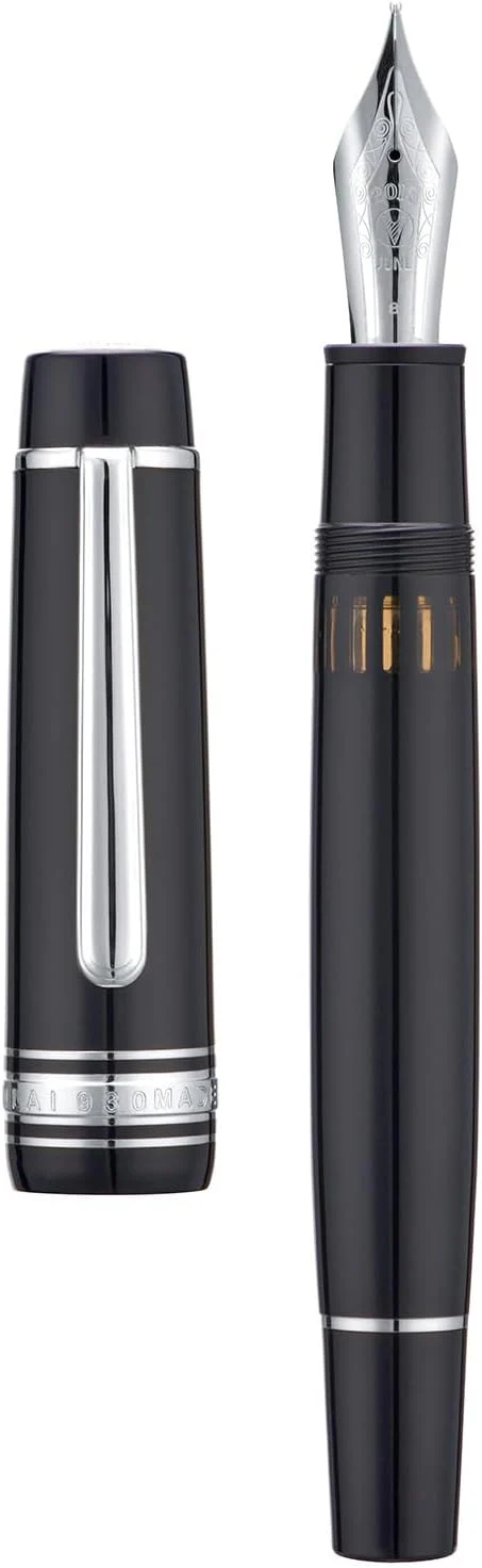 WingSung Junlai 930 Acrylic Fountain Pen – Flat Top Design with Piston Filling System, Size #9 Iridium Nib in Fine, Medium & Broad – Piano Black Fence Ink Tank with Silver Trim (No Ink) - Image 8