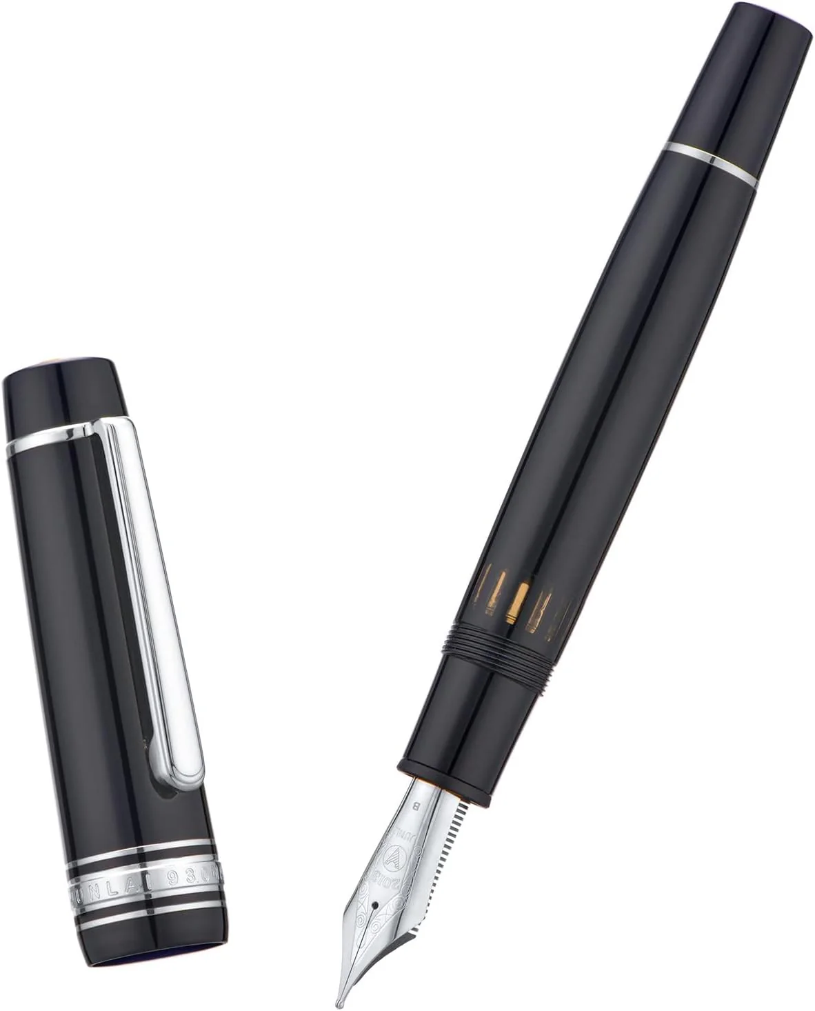 WingSung Junlai 930 Acrylic Fountain Pen – Flat Top Design with Piston Filling System, Size #9 Iridium Nib in Fine, Medium & Broad – Piano Black Fence Ink Tank with Silver Trim (No Ink) - Image 9