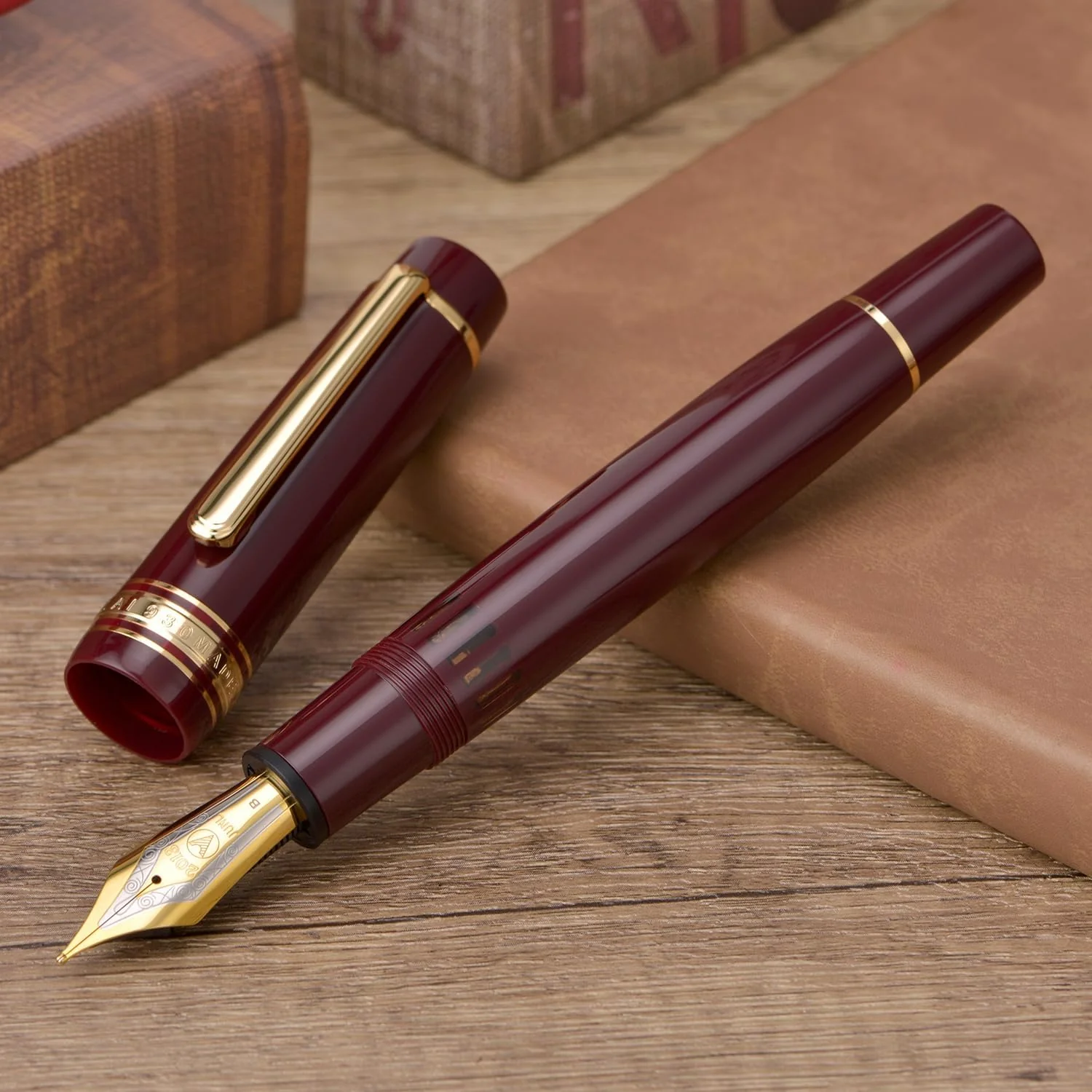WingSung Junlai 930 Acrylic Fountain Pen – Flat Top Design with Piston Filling System, Size #9 Iridium Nib in Fine, Medium & Broad – Wine Red Fence Ink Tank with Gold Trim (No Ink) - Image 3