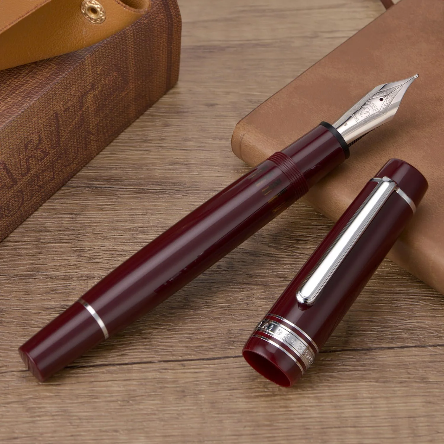 WingSung Junlai 930 Acrylic Fountain Pen – Flat Top Design with Piston Filling System, Size #9 Iridium Nib in Fine, Medium & Broad – Wine Red Fence Ink Tank with Silver Trim (No Ink) - Image 2