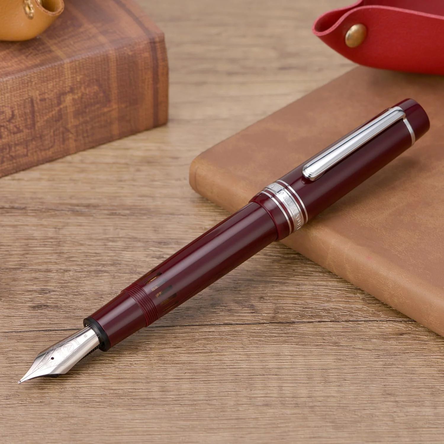 WingSung Junlai 930 Acrylic Fountain Pen – Flat Top Design with Piston Filling System, Size #9 Iridium Nib in Fine, Medium & Broad – Wine Red Fence Ink Tank with Silver Trim (No Ink) - Image 3