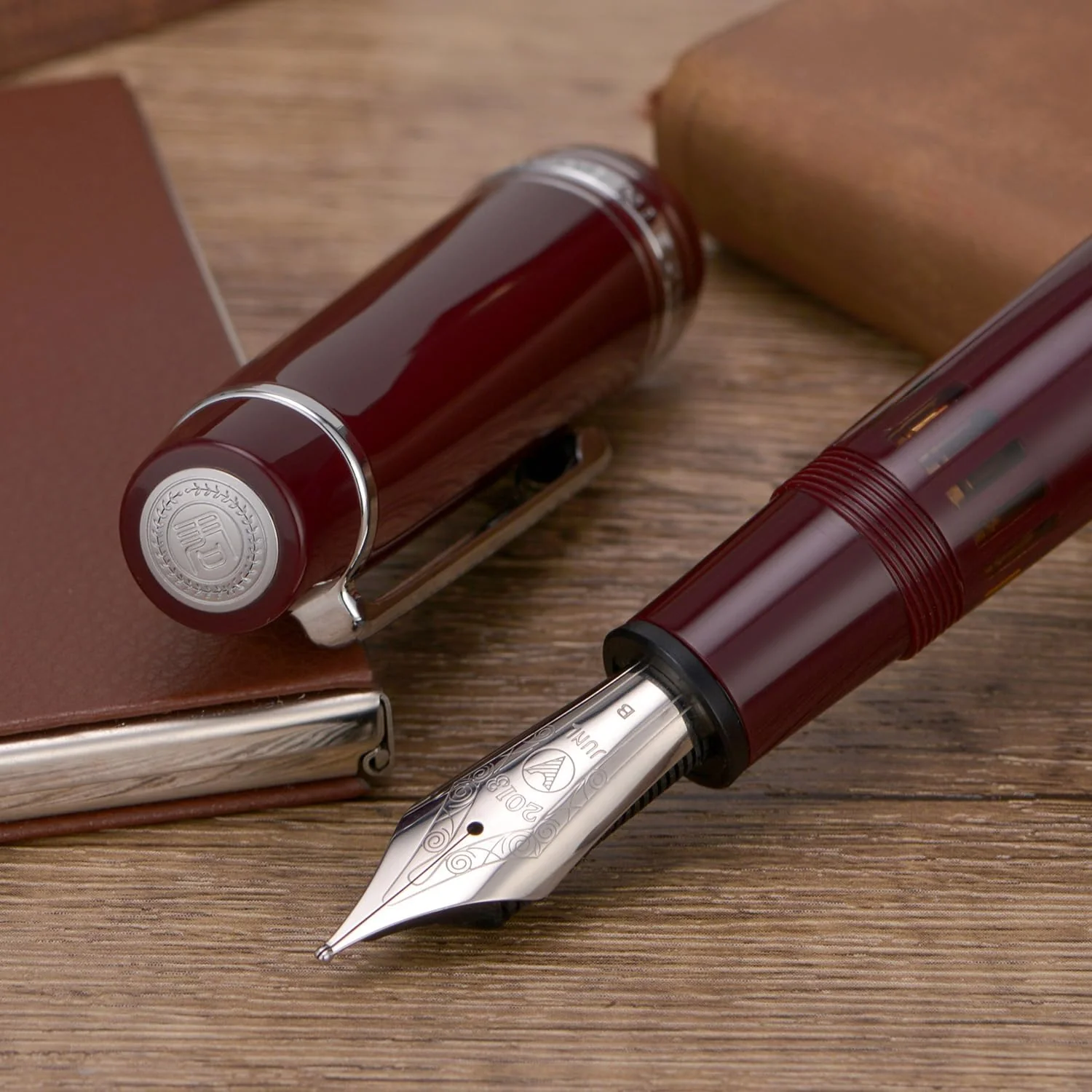 WingSung Junlai 930 Acrylic Fountain Pen – Flat Top Design with Piston Filling System, Size #9 Iridium Nib in Fine, Medium & Broad – Wine Red Fence Ink Tank with Silver Trim (No Ink) - Image 4