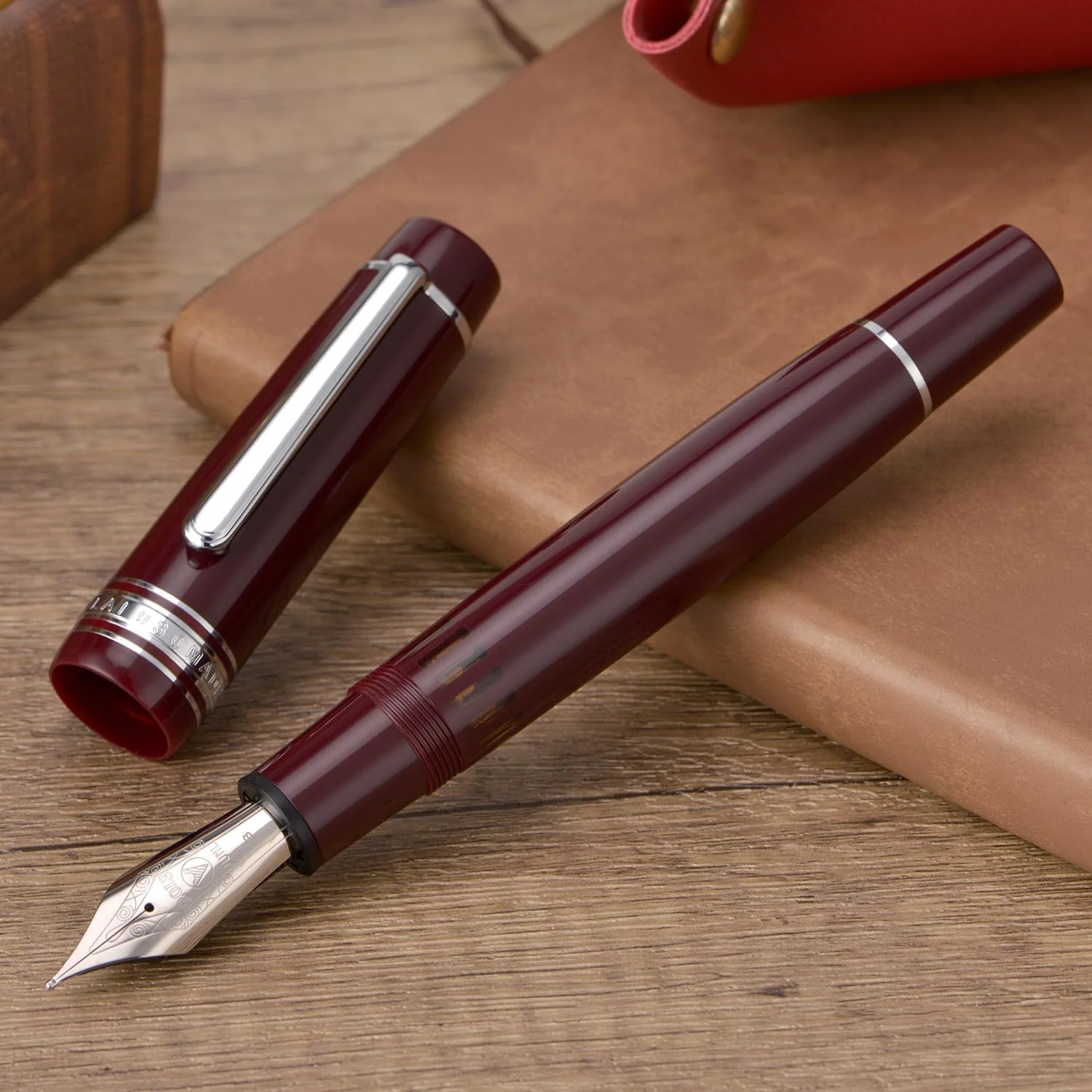 WingSung Junlai 930 Acrylic Fountain Pen – Flat Top Design with Piston Filling System, Size #9 Iridium Nib in Fine, Medium & Broad – Wine Red Fence Ink Tank with Silver Trim (No Ink) - Image 5