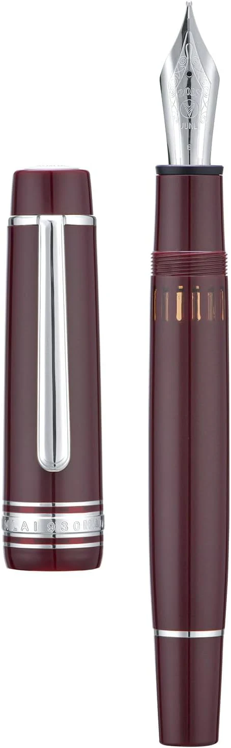 WingSung Junlai 930 Acrylic Fountain Pen – Flat Top Design with Piston Filling System, Size #9 Iridium Nib in Fine, Medium & Broad – Wine Red Fence Ink Tank with Silver Trim (No Ink) - Image 7