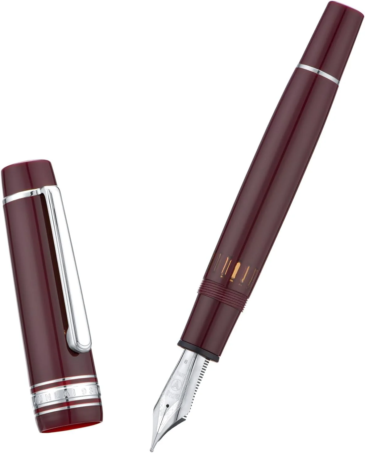 WingSung Junlai 930 Acrylic Fountain Pen – Flat Top Design with Piston Filling System, Size #9 Iridium Nib in Fine, Medium & Broad – Wine Red Fence Ink Tank with Silver Trim (No Ink) - Image 8