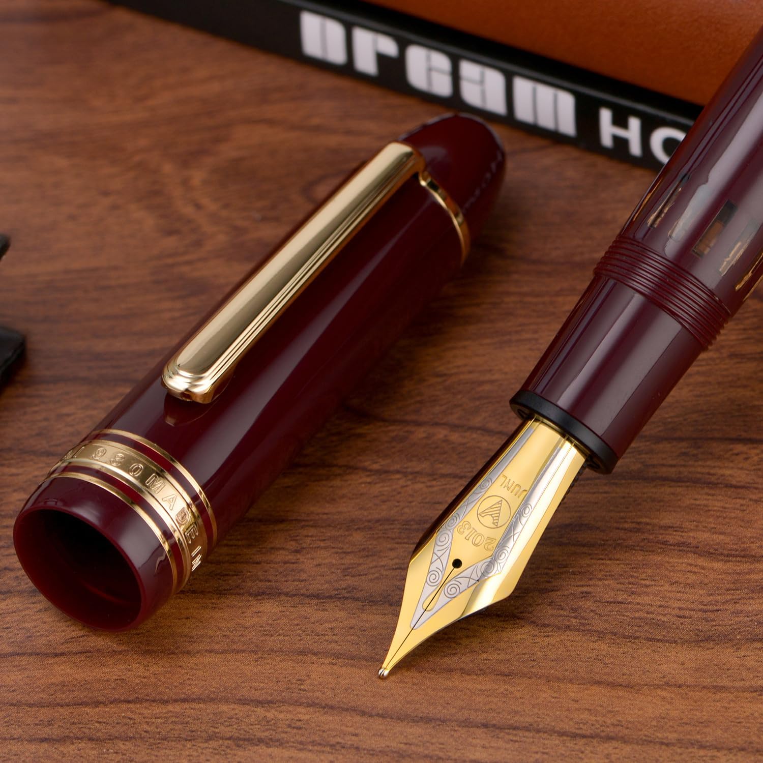 WingSung Junlai 930 Round Top Acrylic Fountain Pen – Broad #9 Nib, Gold Trim, Piston Filling System, Smooth Writing Pen - Image 3